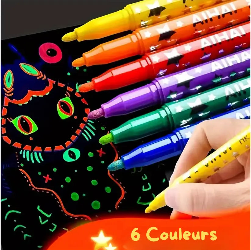 6 Surligneurs Néon “Night Glow” — Couleurs lumineuses qui brillent sous lumière noire (UV) — FAMICOLOR