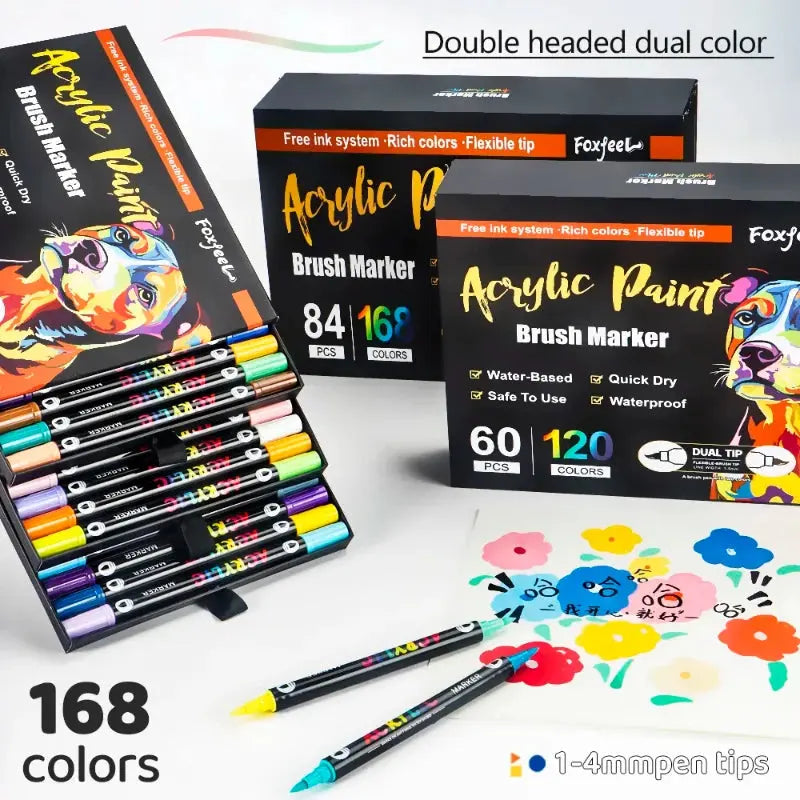 96/120/168 Colors Acrylic Paint Pens Brush Tip Double Head Marker For Rock Painting Wood Canvas Stone,Christmas Gift DIY Crafts FAMICOLOR