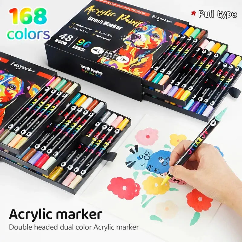 96/120/168 Colors Acrylic Paint Pens Brush Tip Double Head Marker For Rock Painting Wood Canvas Stone,Christmas Gift DIY Crafts FAMICOLOR