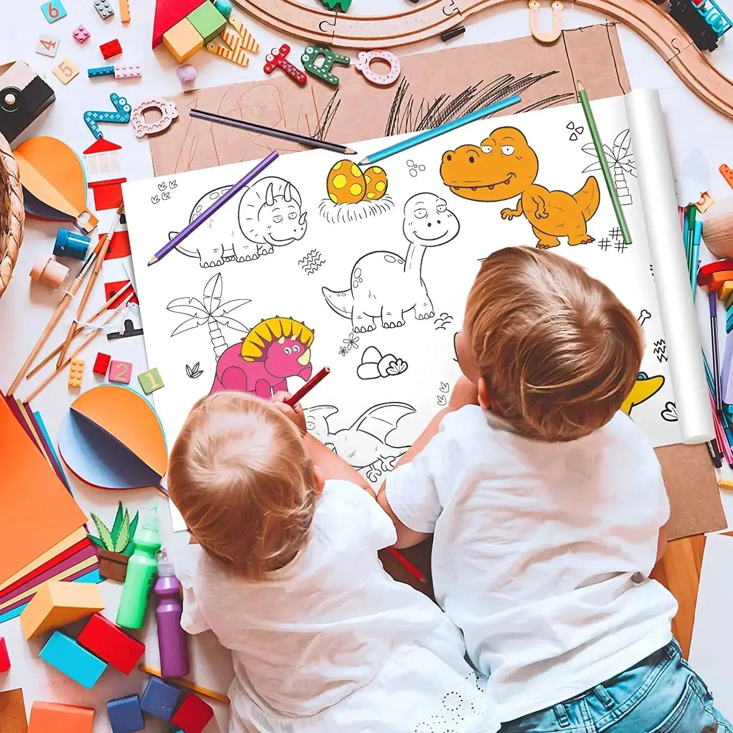 Rouleau de papier à colorier pour enfants — Thèmes Océan / Voitures / Dinosaures / Princesse — Coloriage & peinture DIY (non adhésif) FAMICOLOR